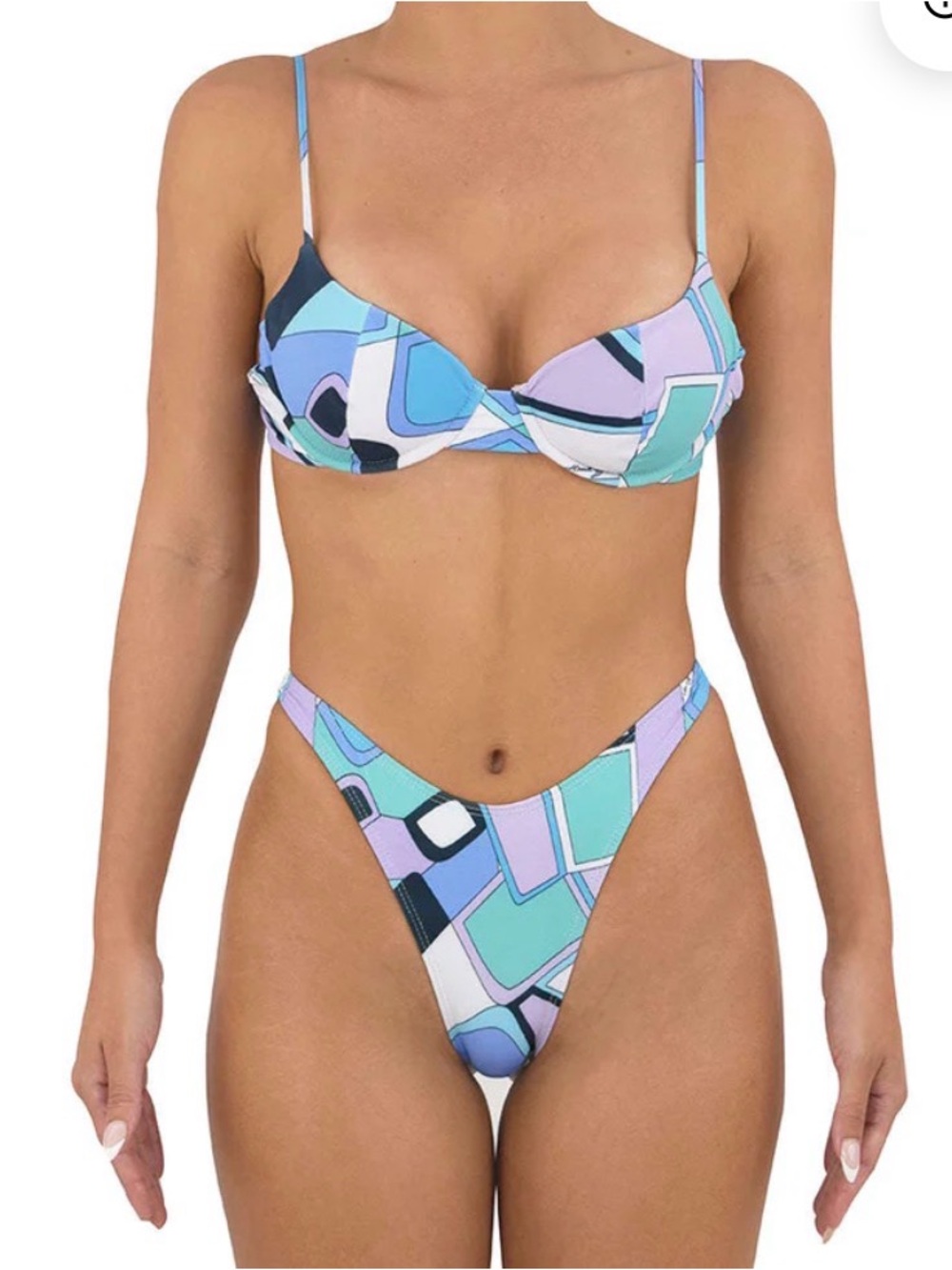 Geo-Print Underwire Bikini Set in Blue & Mint #B7